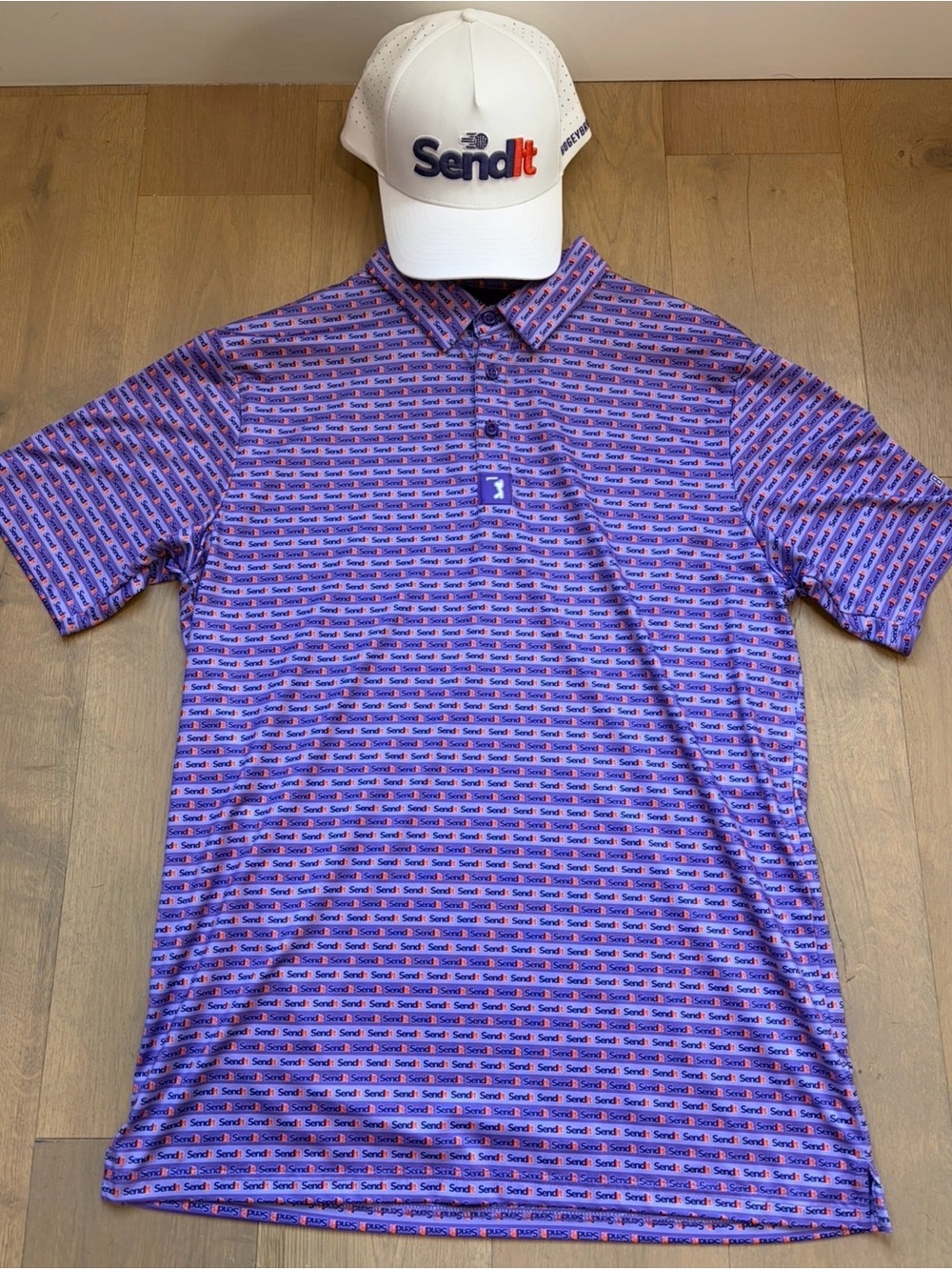 Bogey Bros “Send It” Shirt/Hat Combo Men’s Purple All-Over Logo Performance Polo